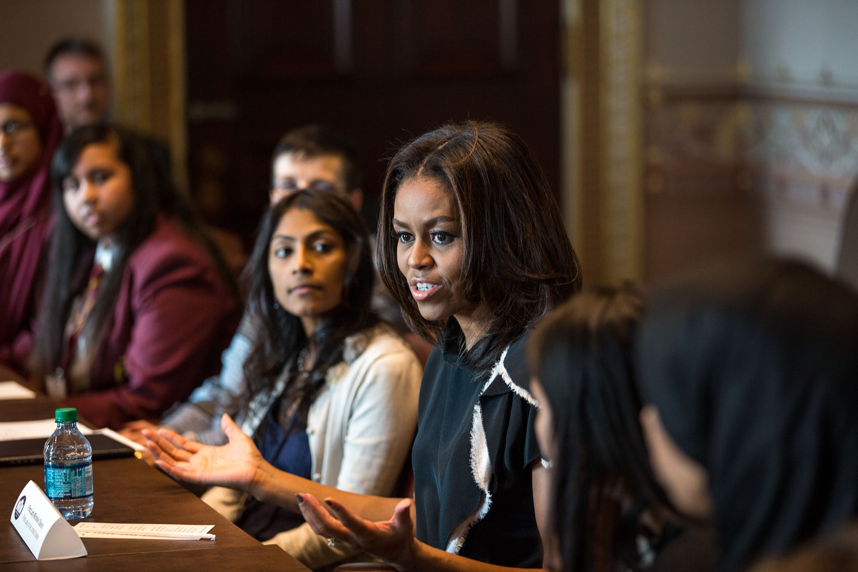First Lady Michelle Obama participates in a roundtable with students from London's Mulberry School for Girls in the Eisenhower Executive Office Building of the White House, Nov. 17, 2015. (Official White House Photo by Chuck Kennedy)